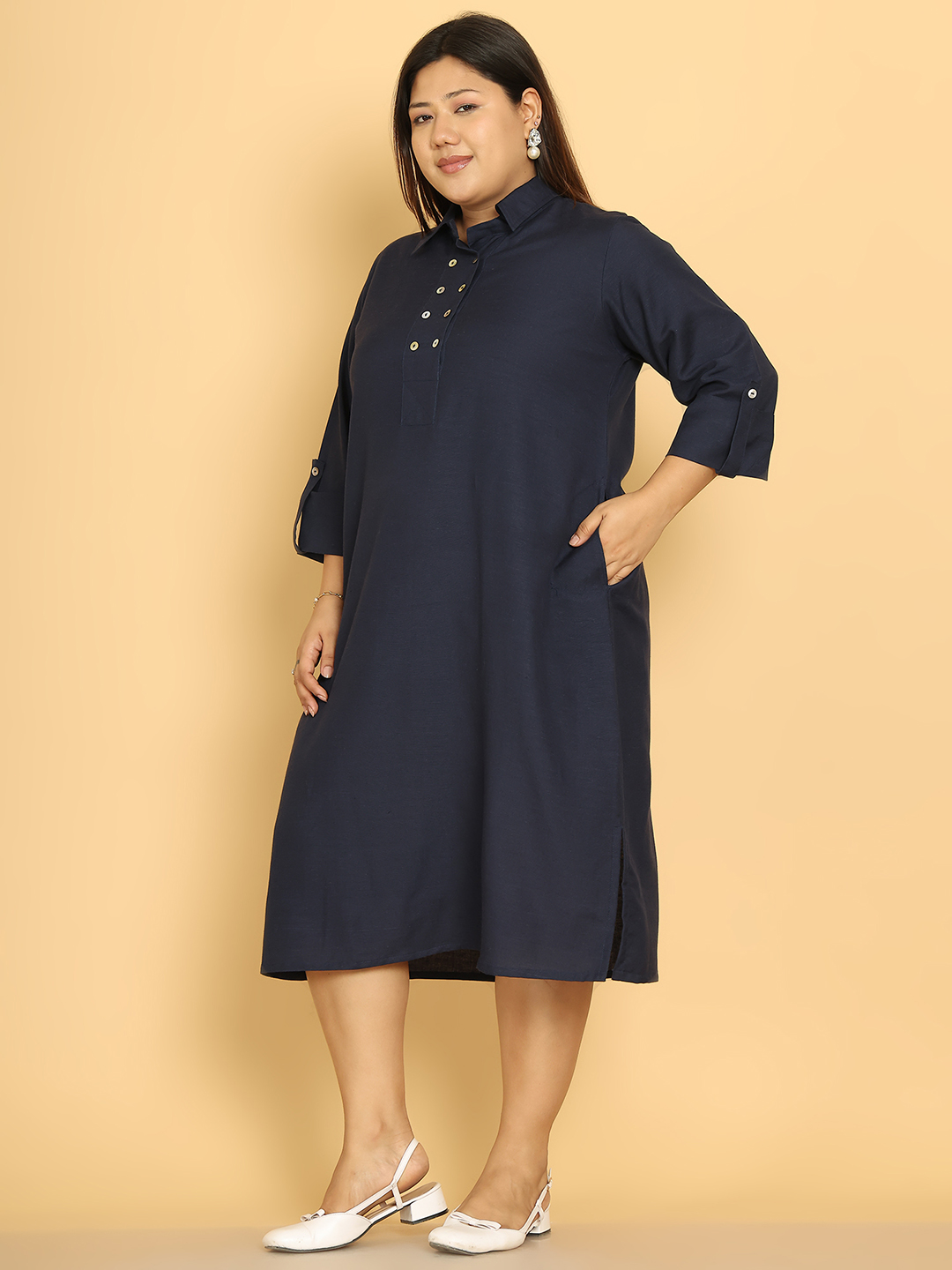 Women's Plus Size Navy Blue Solid Color A-Line Linen Dress