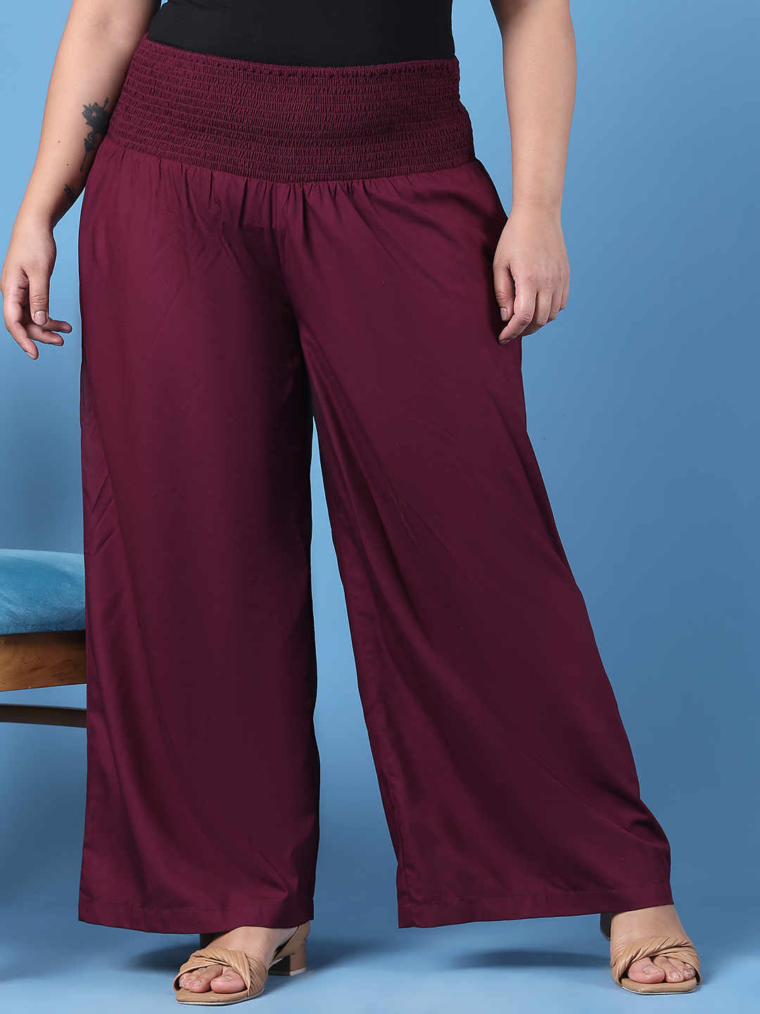 Women's Plus Size Burgundy Solid Color Woven Wide Leg Flared Trouser