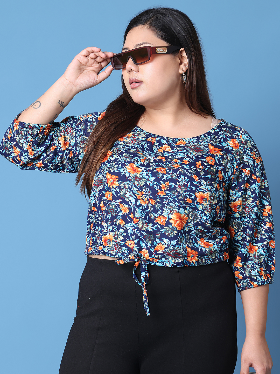 Women's Plus Size Navy Floral Printed Crepe Top