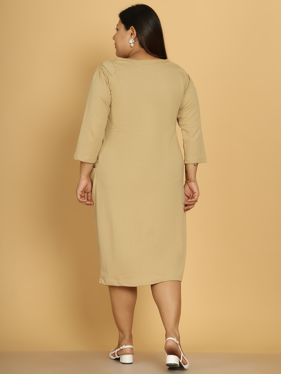 Women's Plus Size Beige solid color cotton knitted sheath dress