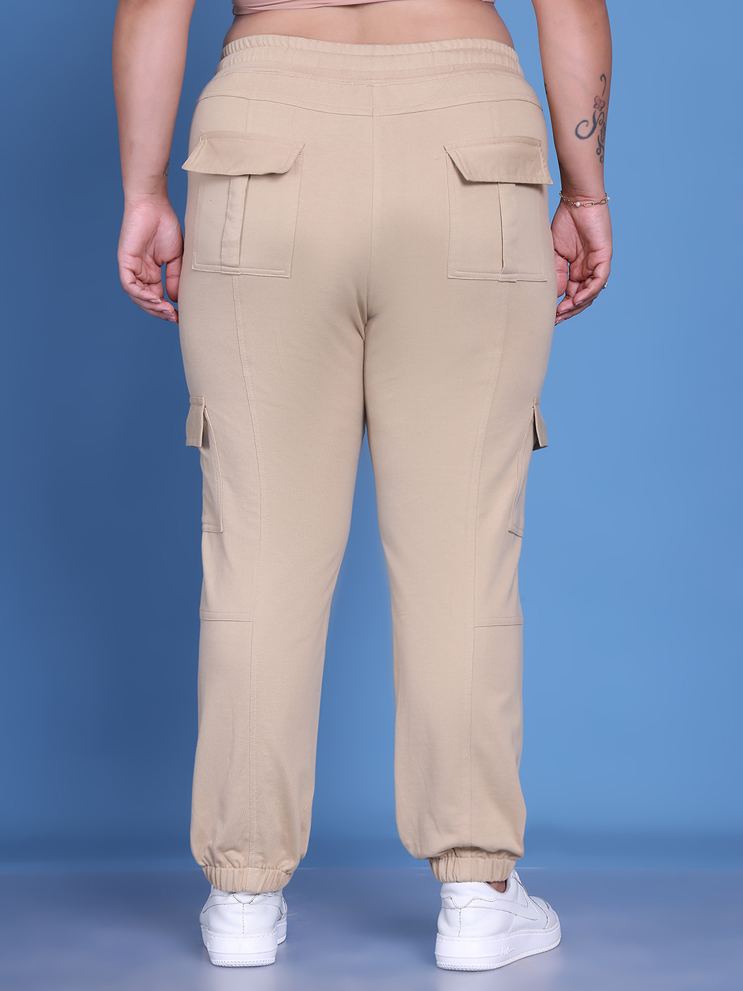 Women's Plus Size Beige Solid Color Knitted Cargo Trouser
