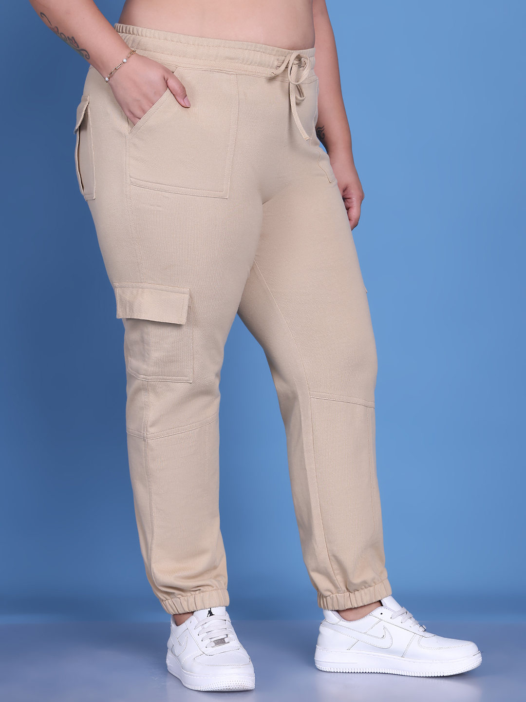 Women's Plus Size Beige Solid Color Knitted Cargo Trouser