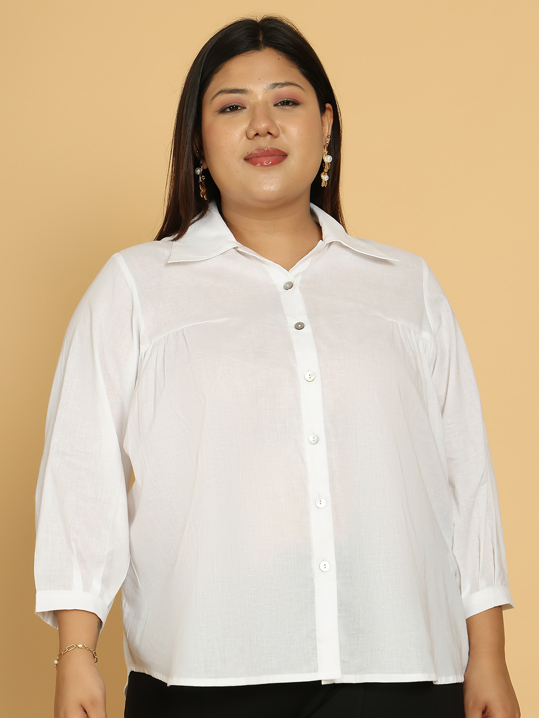 Women's Plus Size White Solid Color Cotton Shirt