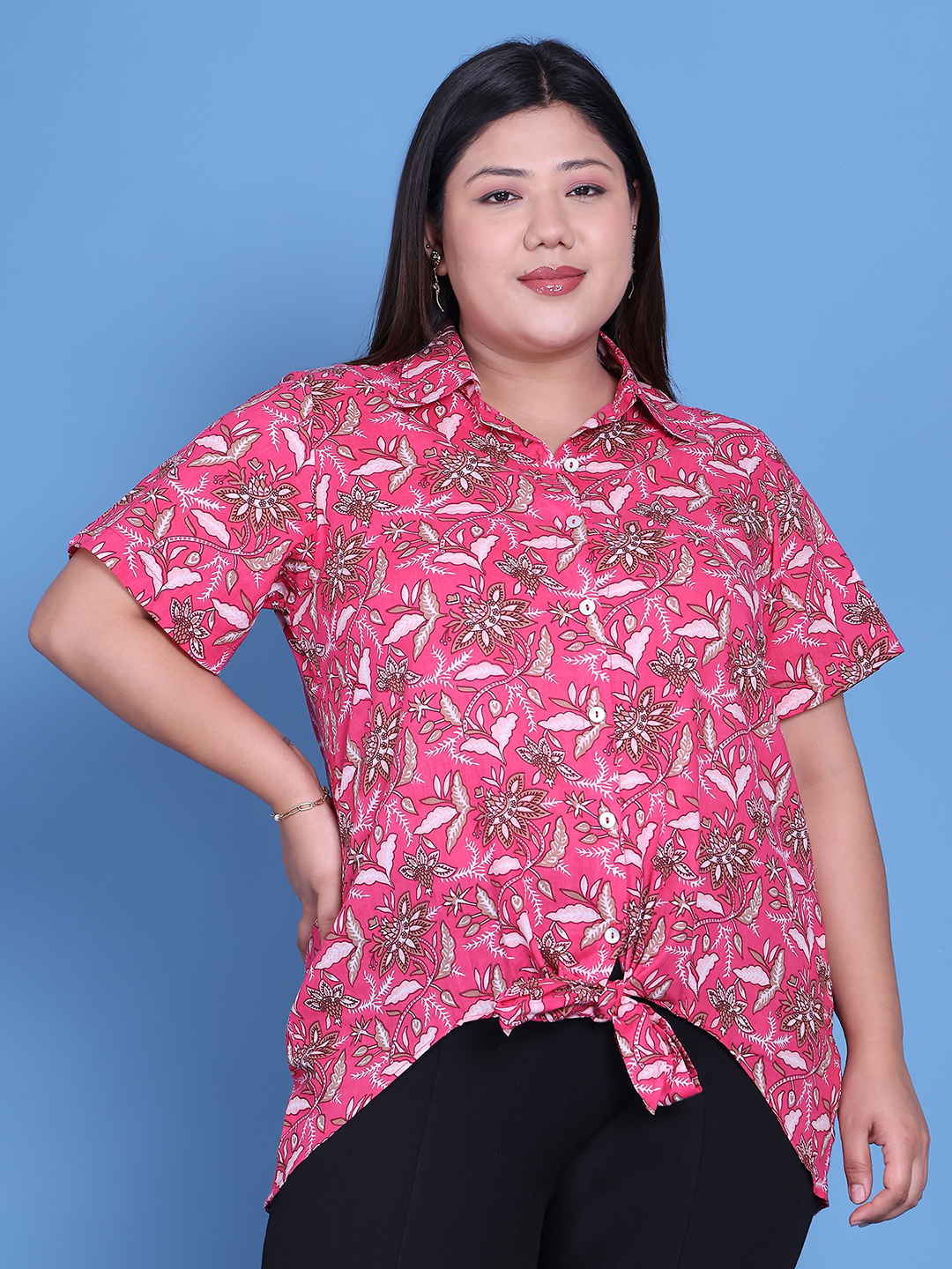 Women's Plus Size Fuchsia Floral Printed Cotton Shirt