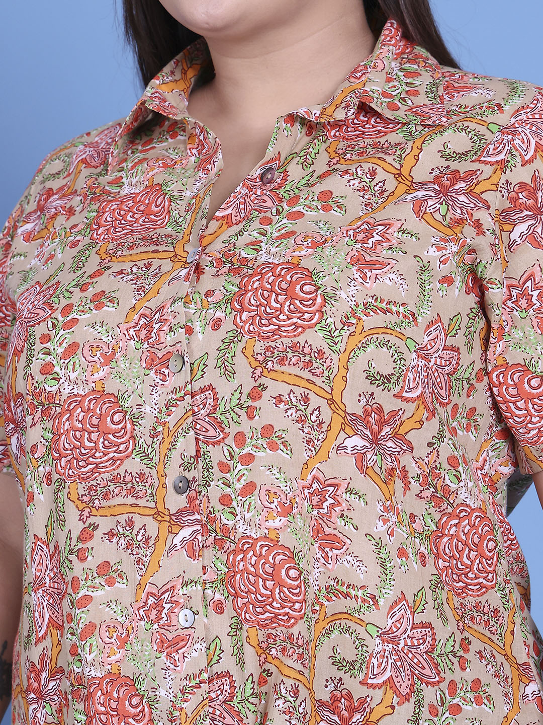 Women's Plus Size Green Floral Printed Cotton Shirt