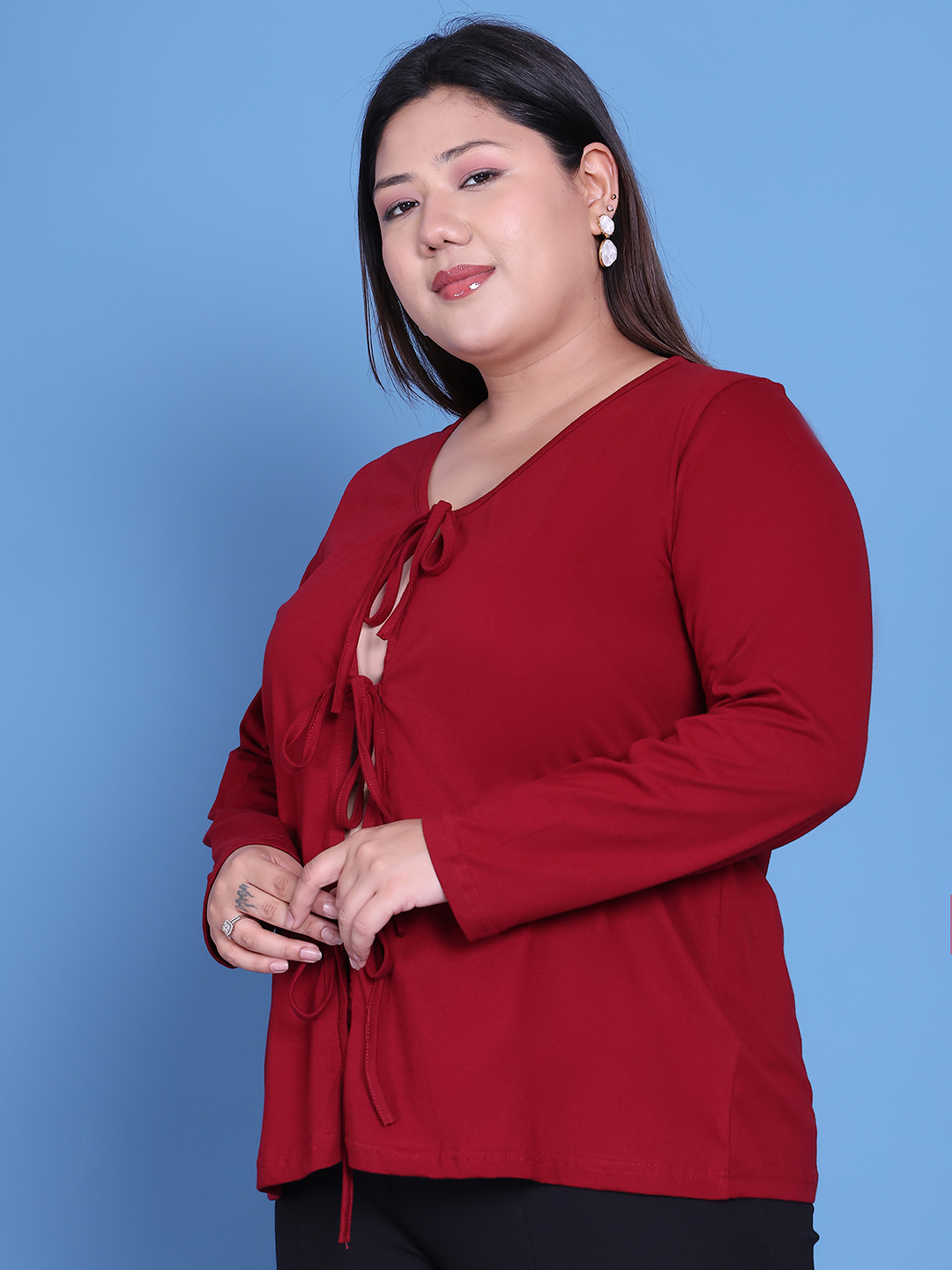 Women's Plus Size Maroon Solid Color Cotton Knitted Shrug