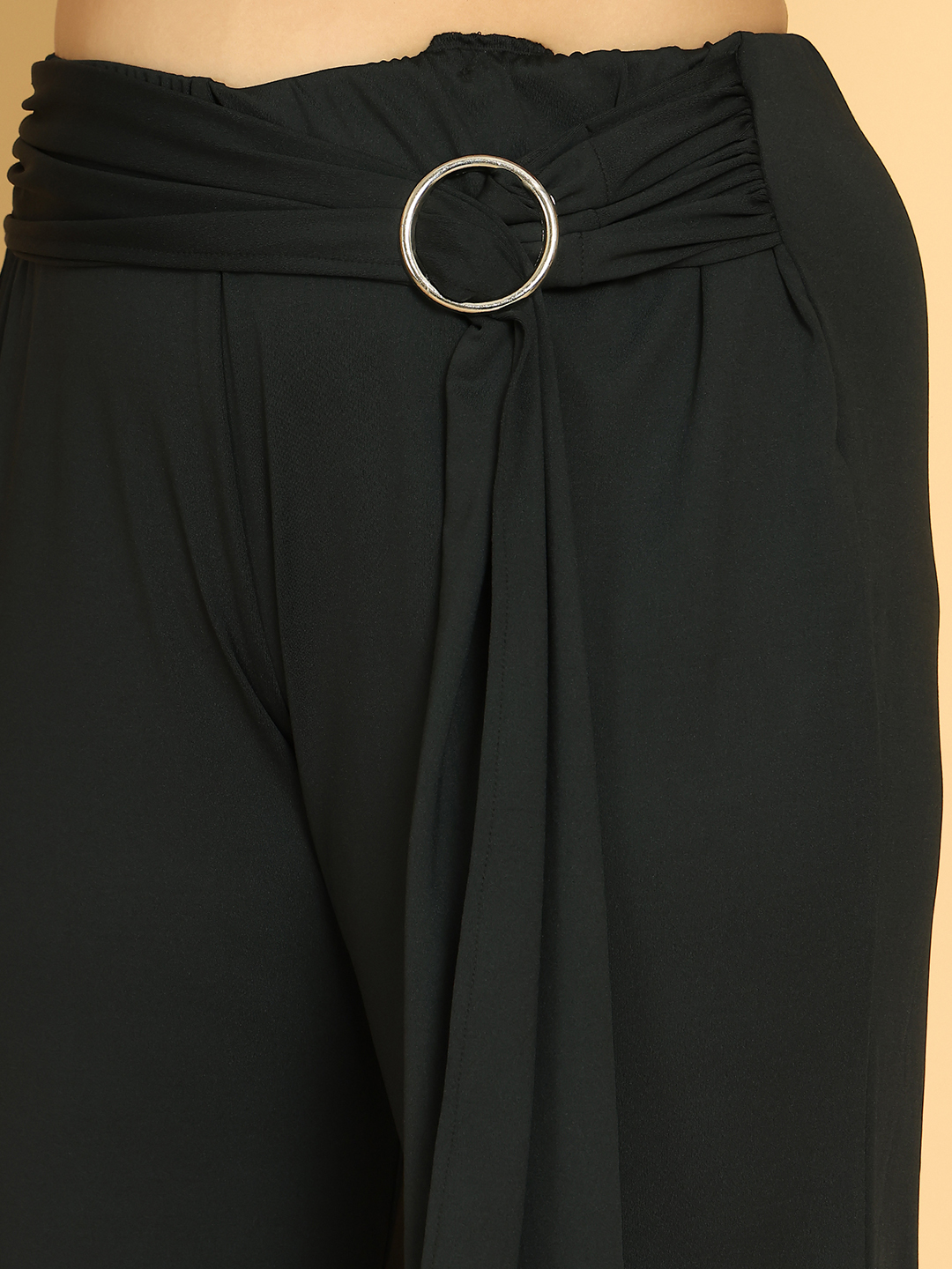 Women's Plus Size Black Solid Color Poly Trouser with waist knot tie-up detail