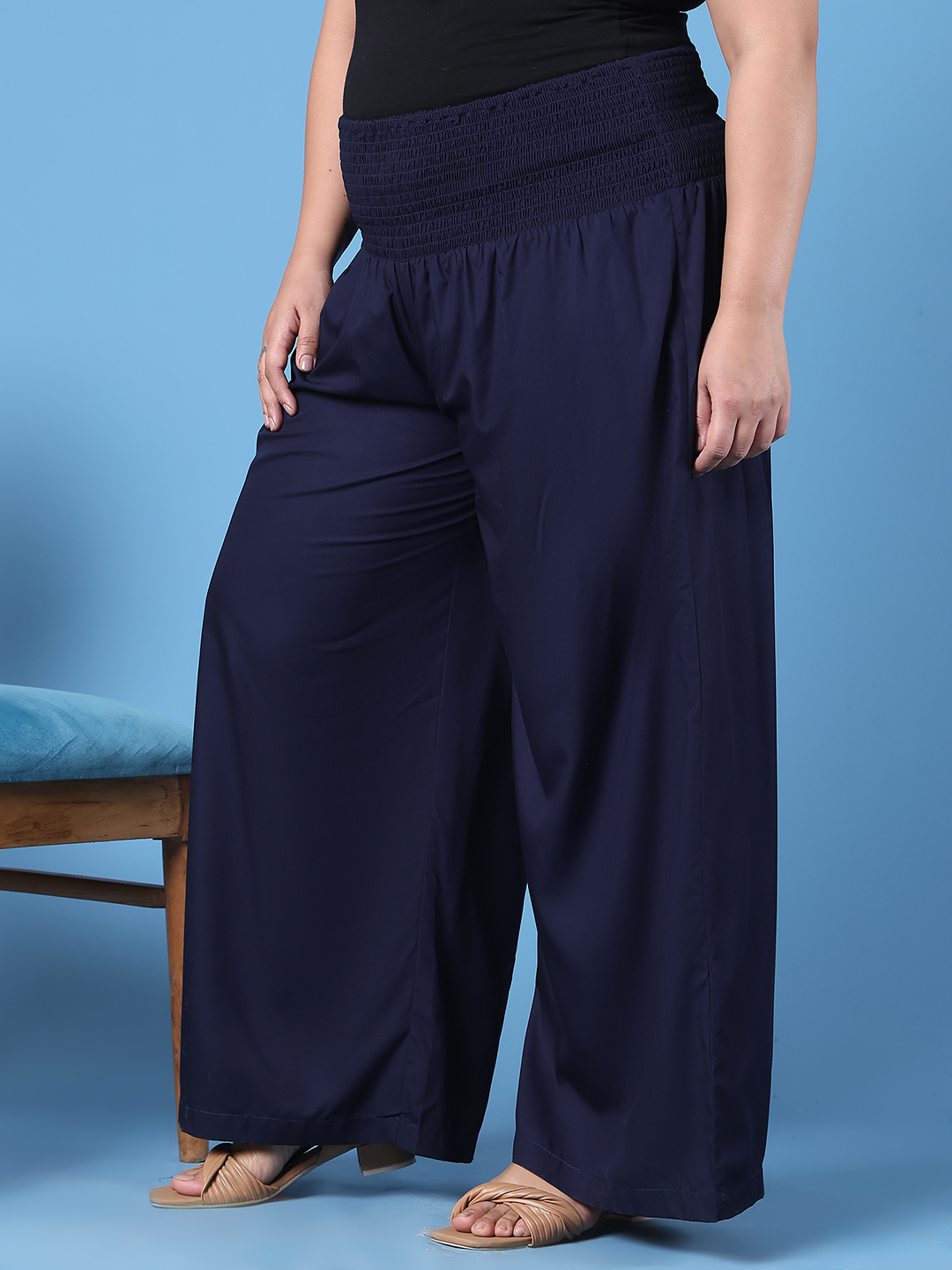 Women's Plus Size Navy Blue Solid Color Woven Wide Leg Flared Trouser
