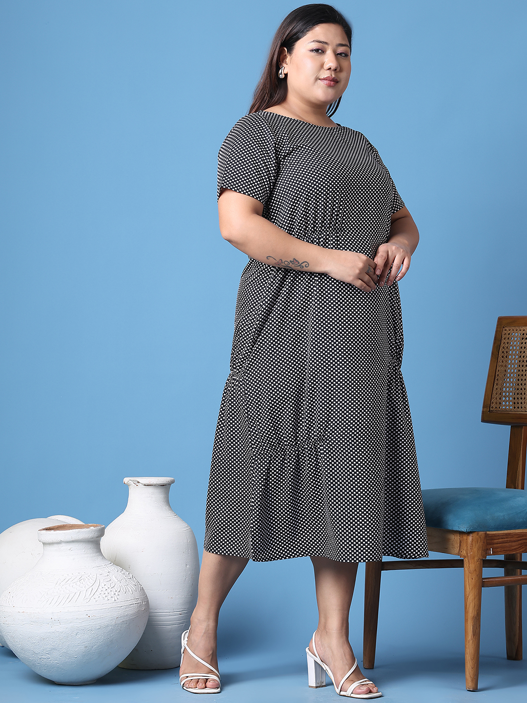 Women's Plus Size Black Geometric Printed A-Line Crepe Dress