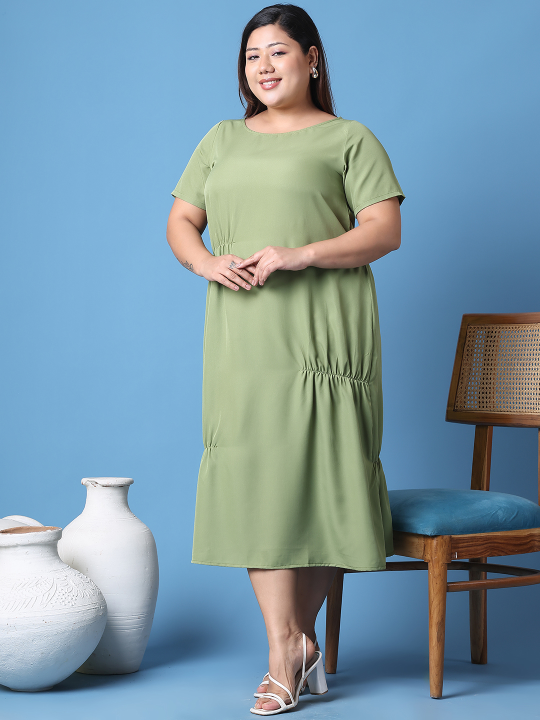 Women's Plus Size Green Solid Color A-Line Crepe Dress