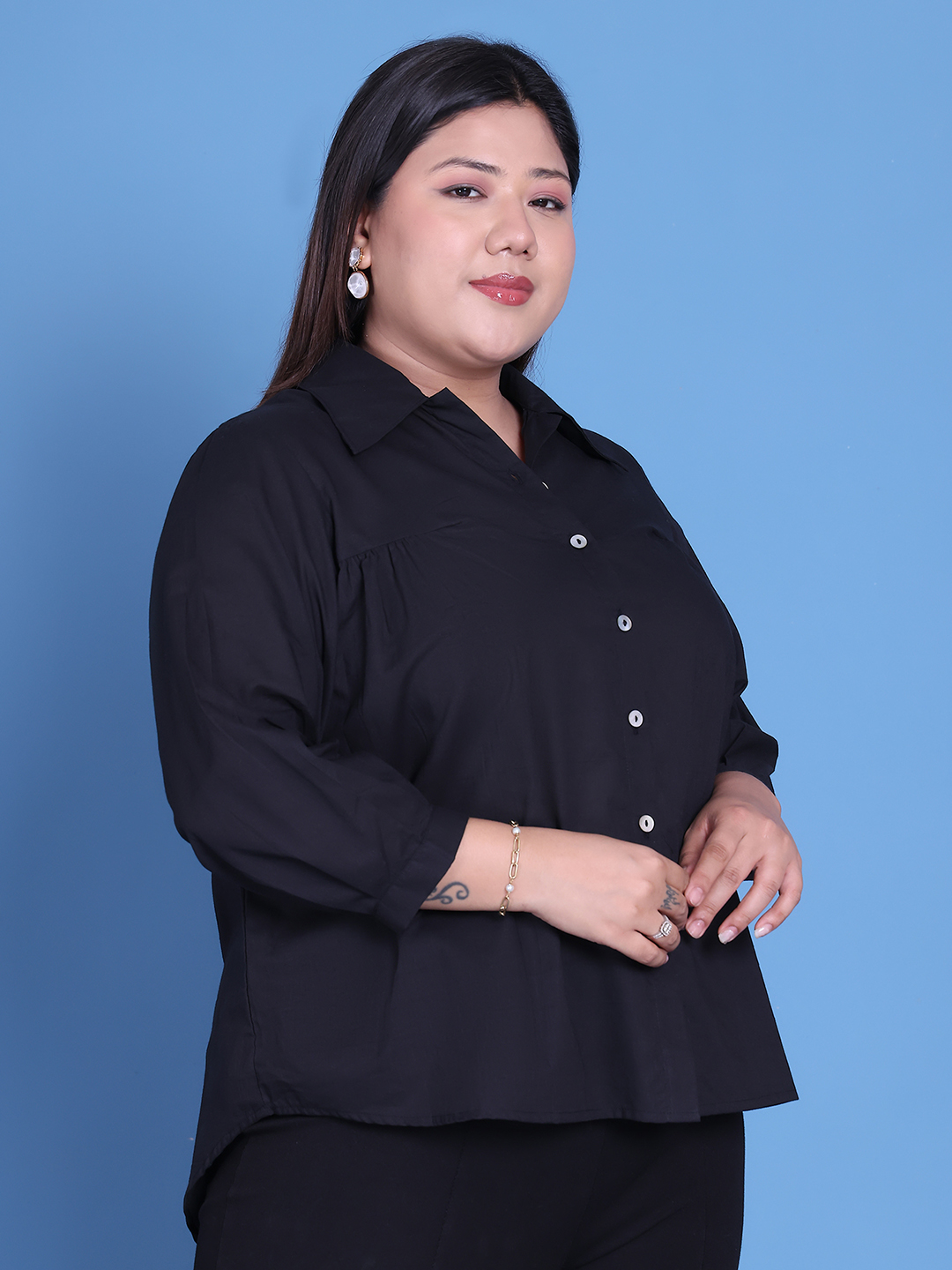 Women's Plus Size Black Solid Color Cotton Shirt