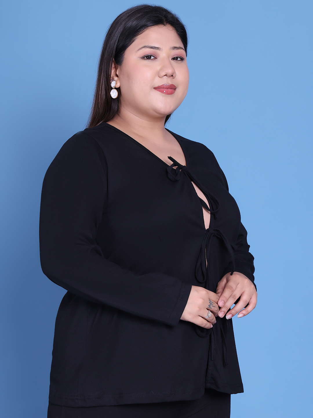 Women's Plus Size Black Solid Color Cotton Knitted Shrug