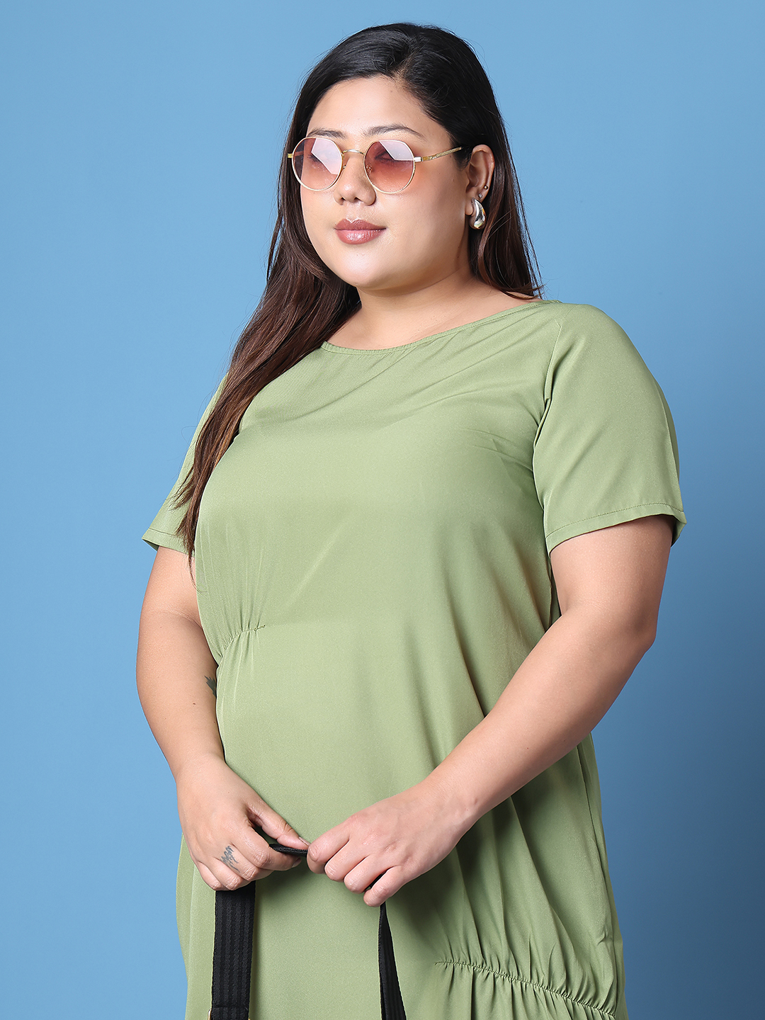 Women's Plus Size Green Solid Color A-Line Crepe Dress