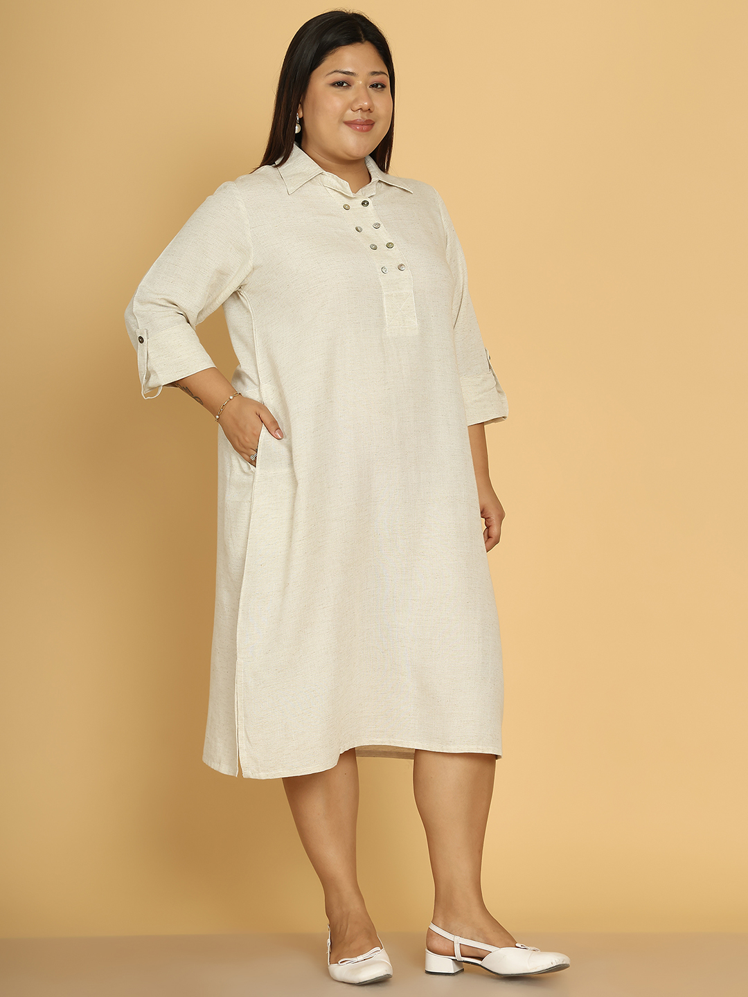 Women's Plus Size Khaki Solid Color A-Line Linen Dress