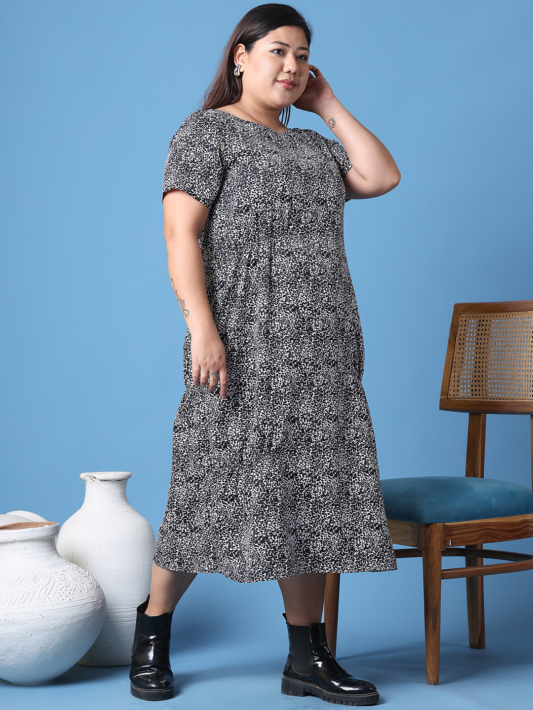 Women's Plus Size Tiger Animal Printed A-Line Crepe Dress