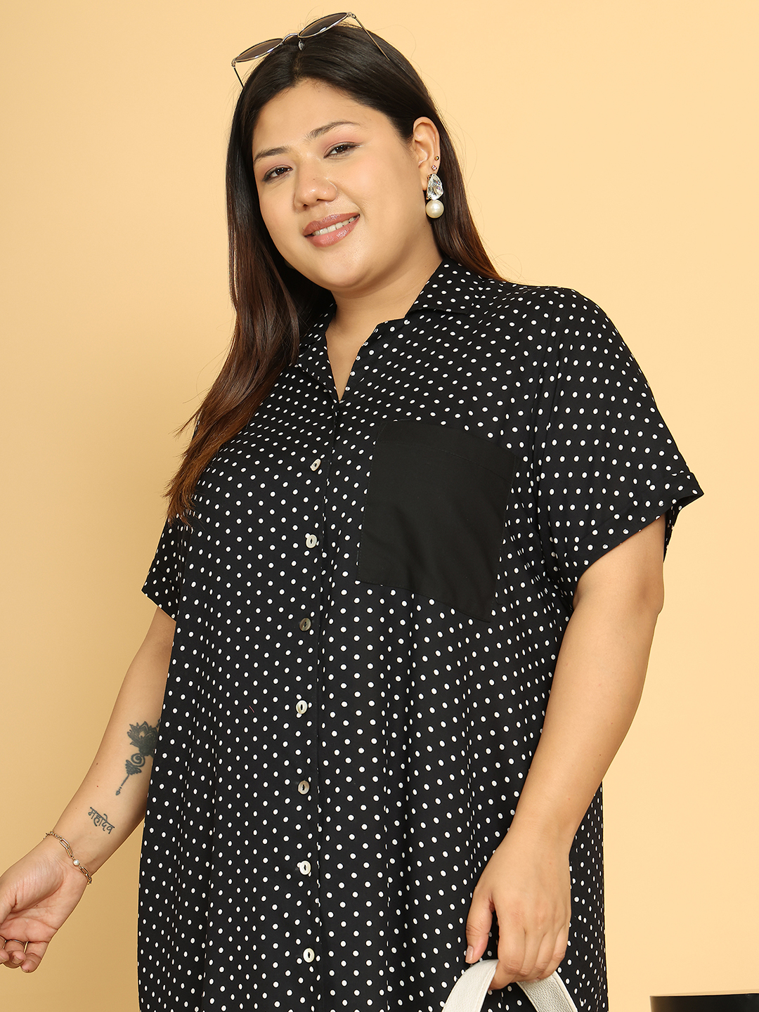 Women's Plus Size Black Polka Dot Printed A-Line Dress
