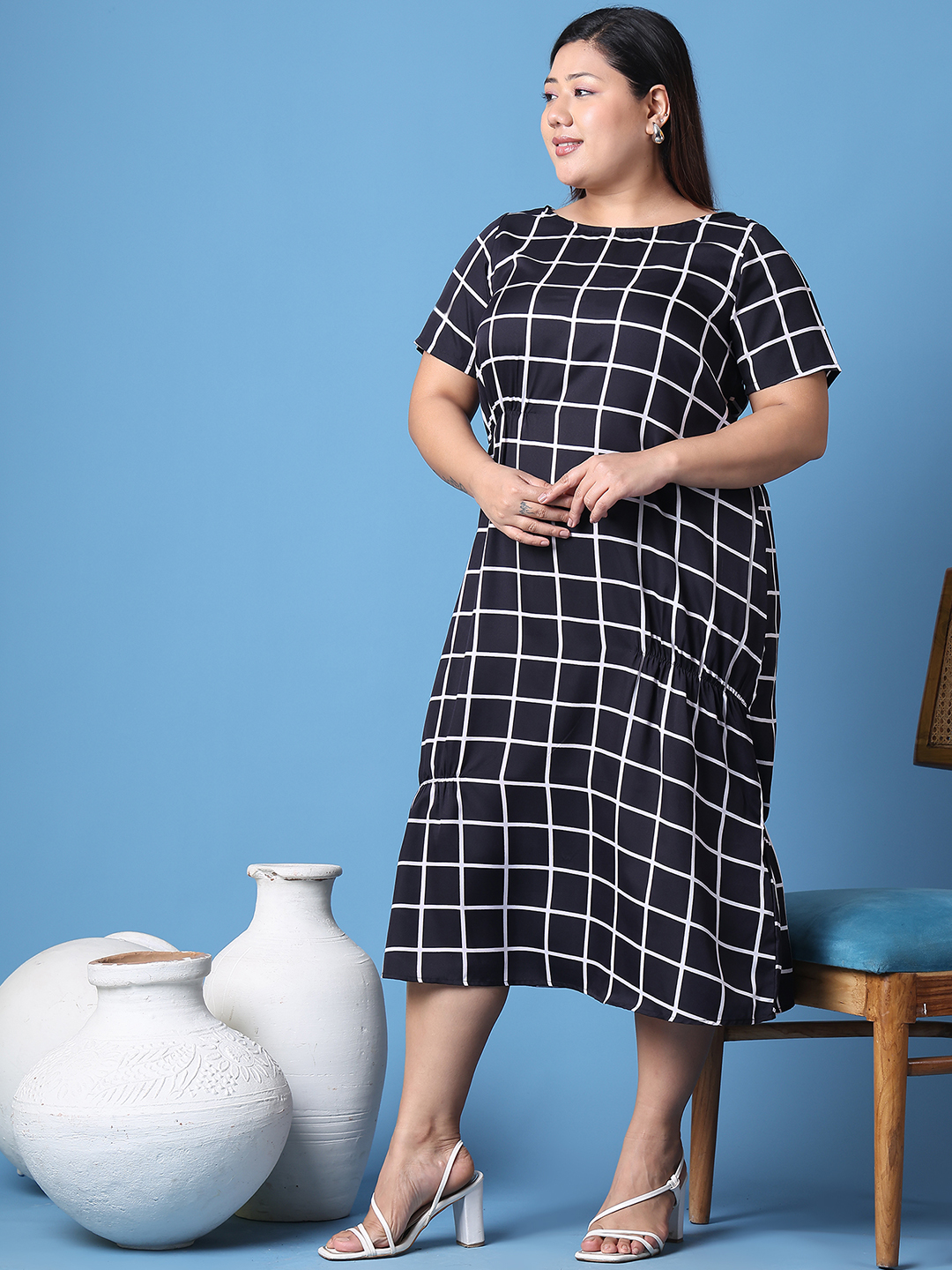 Women's Plus Size Black Checked Printed A-Line Crepe Dress