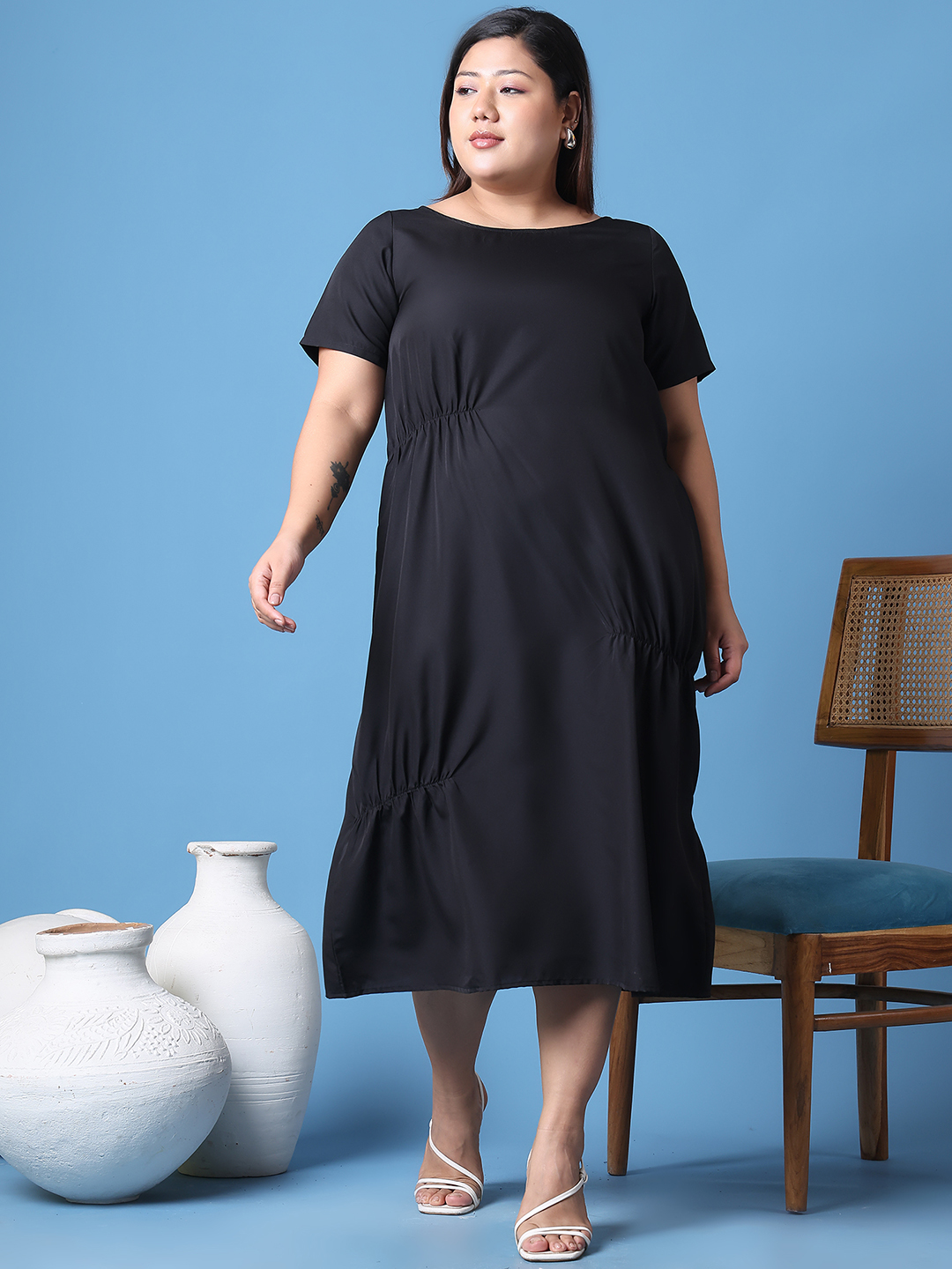 Women's Plus Size Black Solid Color A-Line Crepe Dress