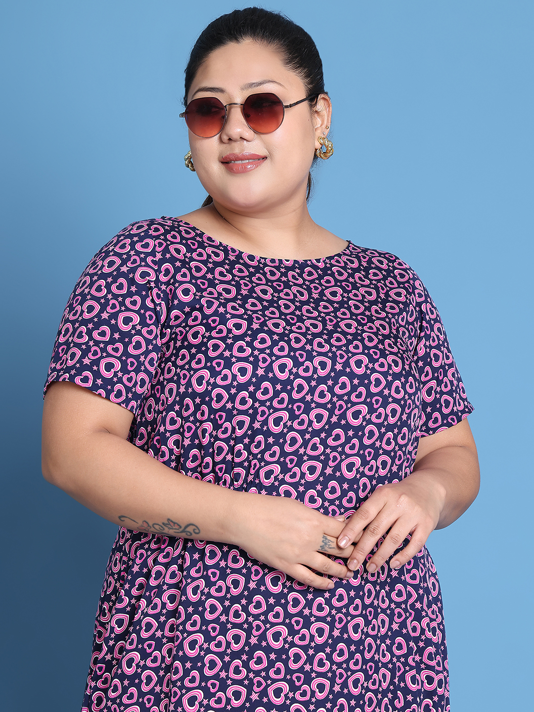 Women's Plus Size Navy Heart Printed A-Line Crepe Dress
