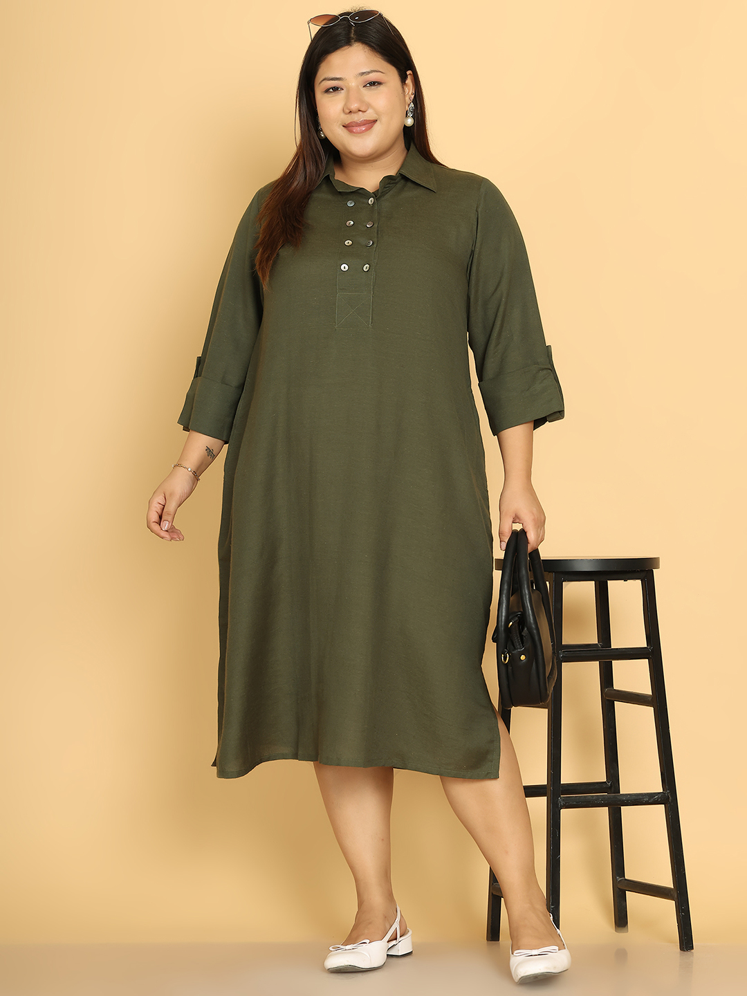 Women's Plus Size Olive Solid Color A-Line Linen Dress