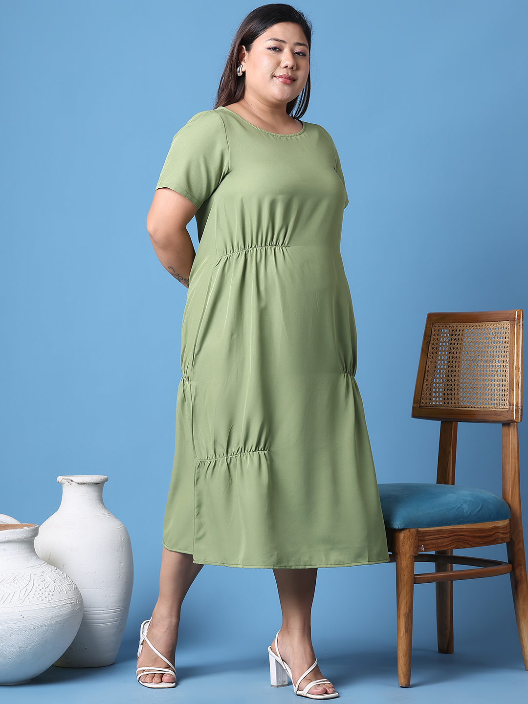 Women's Plus Size Green Solid Color A-Line Crepe Dress
