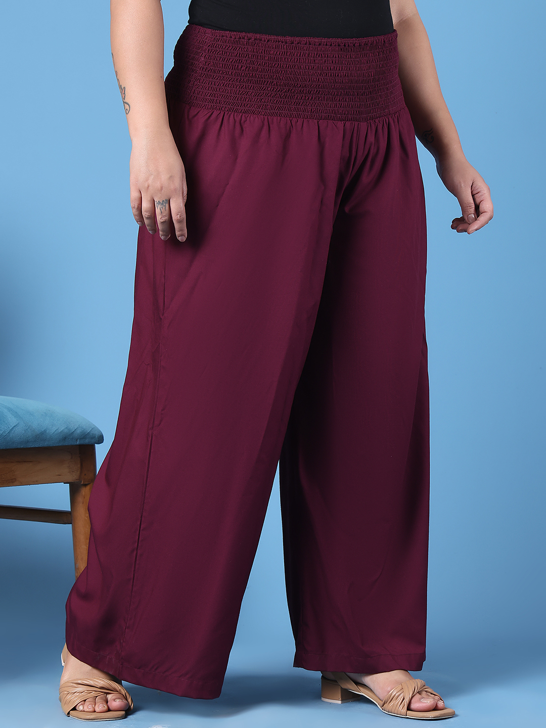 Women's Plus Size Burgundy Solid Color Woven Wide Leg Flared Trouser