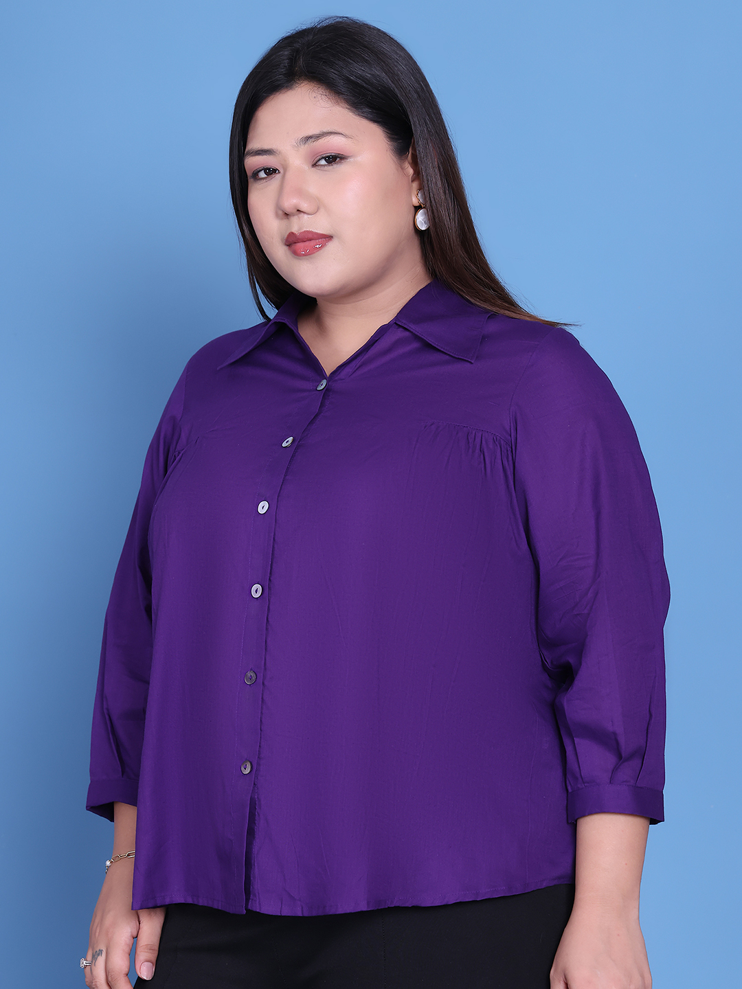Women's Plus Size Purple Solid Color Cotton Shirt