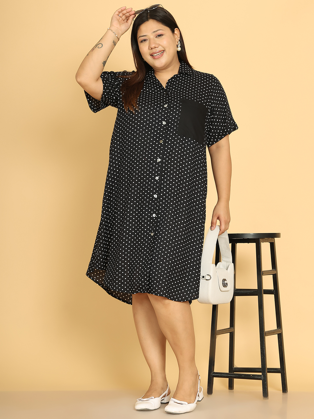 Women's Plus Size Black Polka Dot Printed A-Line Dress