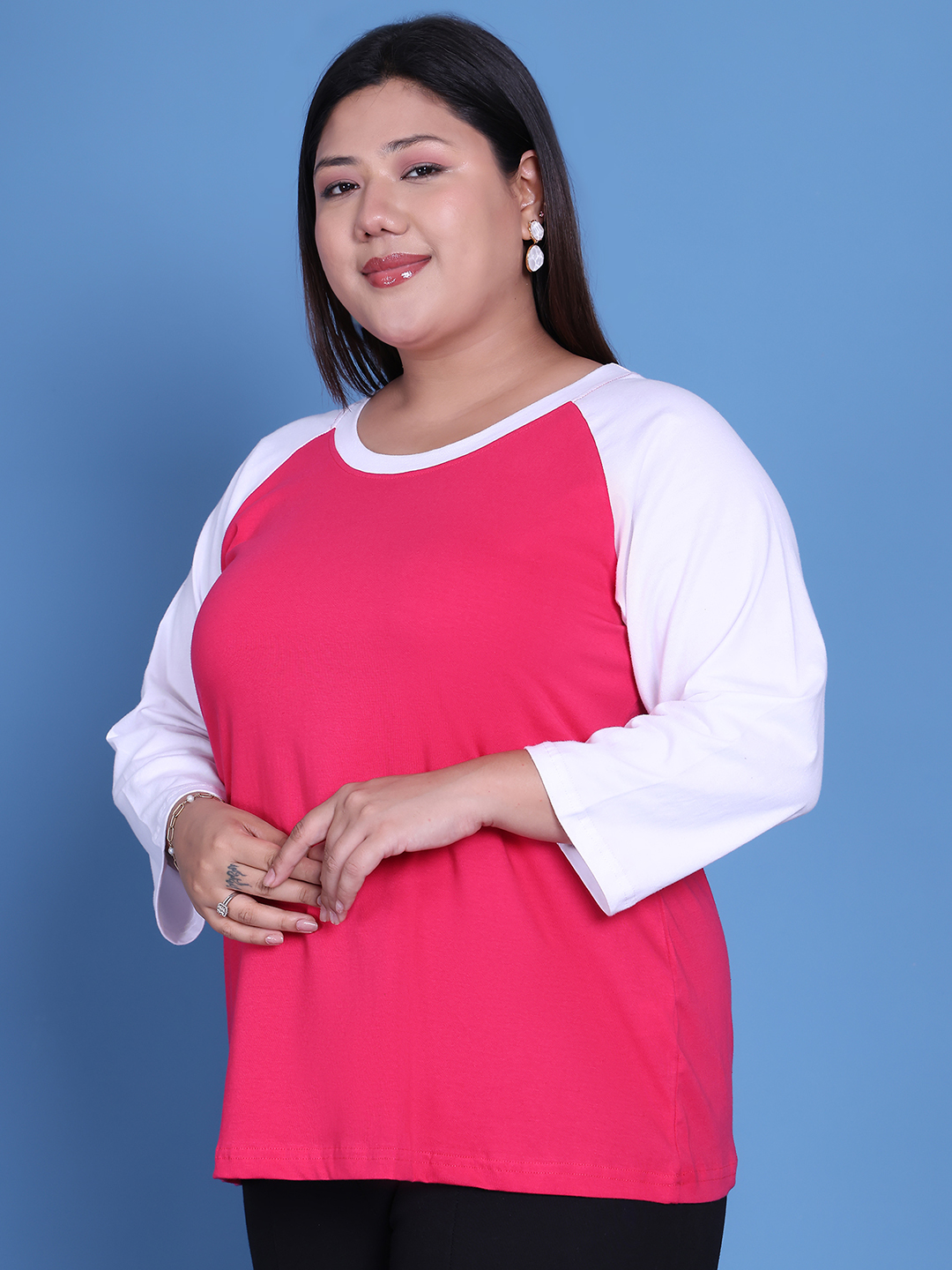 Women's Plus Size Fuchsia & White Color Block knitted t-shirt