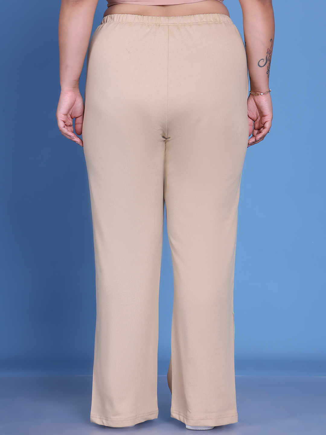 Women's Plus Size Beige & Sea Green Color Block Trouser