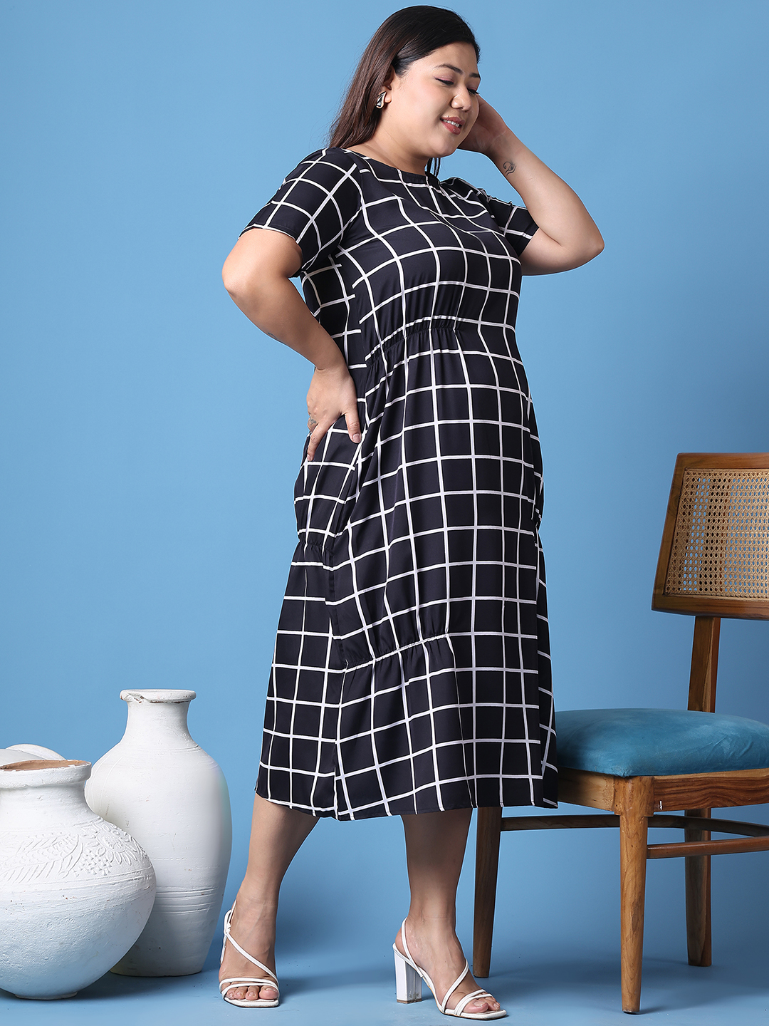 Women's Plus Size Black Checked Printed A-Line Crepe Dress