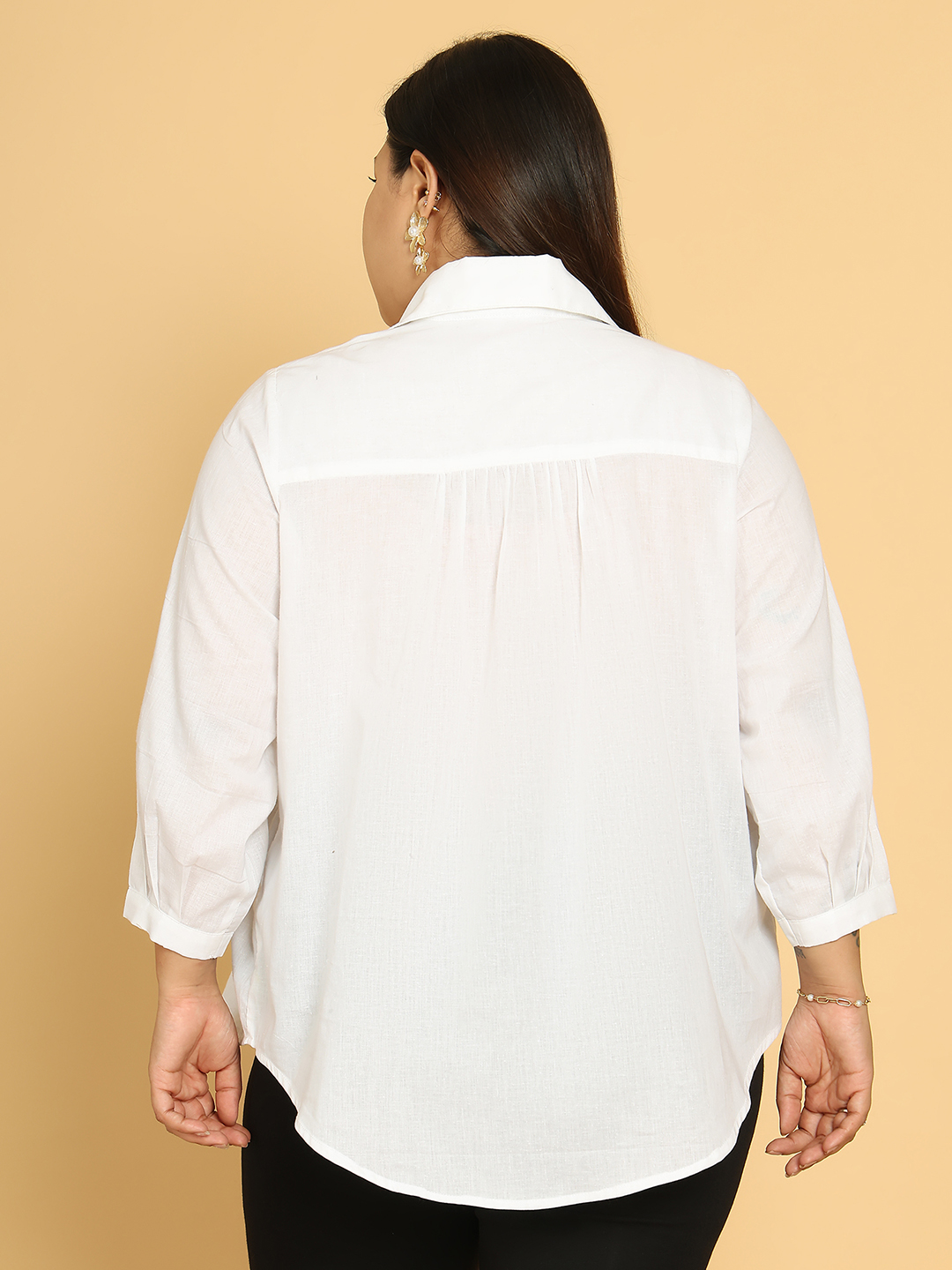 Women's Plus Size White Solid Color Cotton Shirt