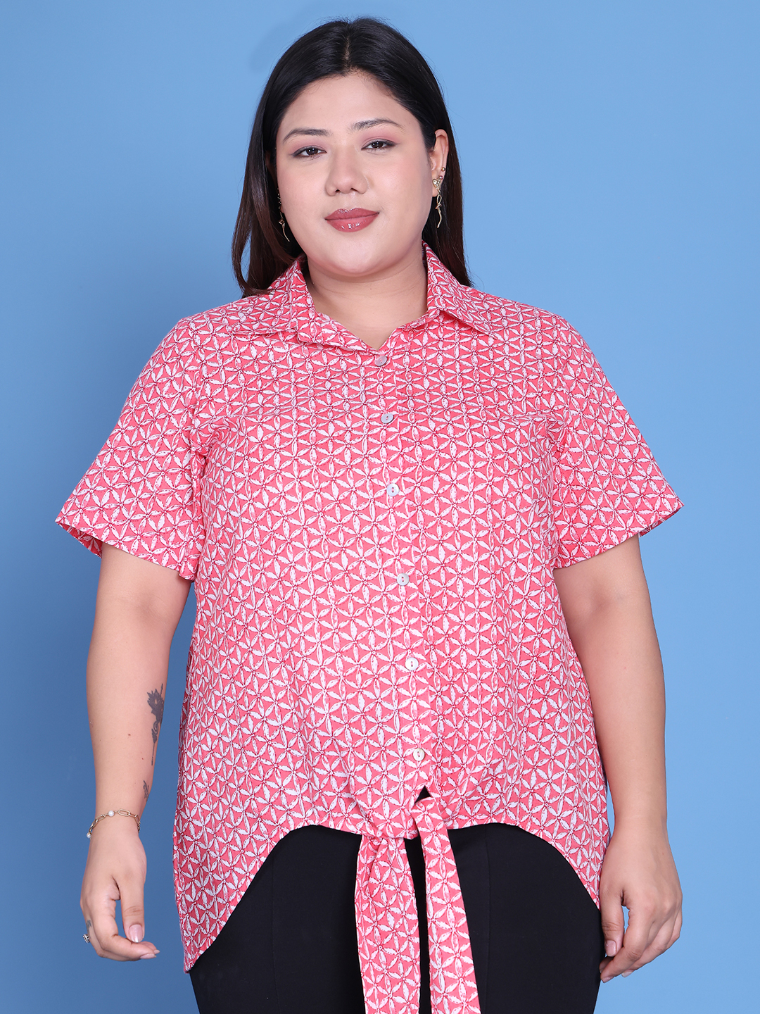 Women's Plus Size Pink Floral Printed Cotton Shirt
