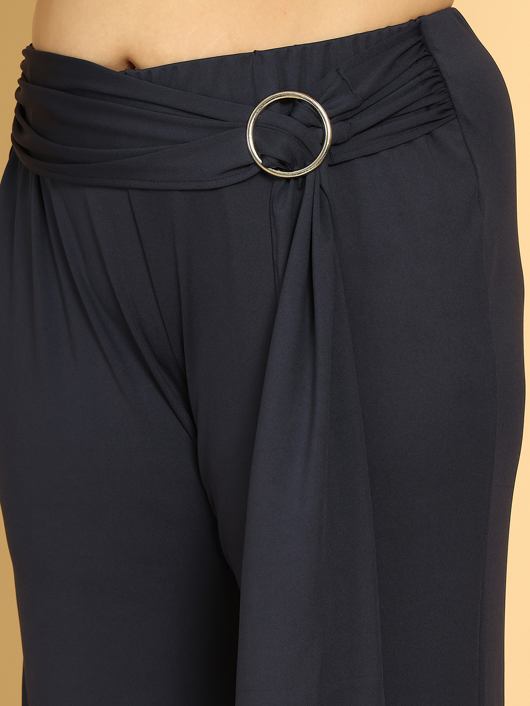 Women's Plus Size Navy Blue Solid Color Poly Trouser with waist knot tie-up detail