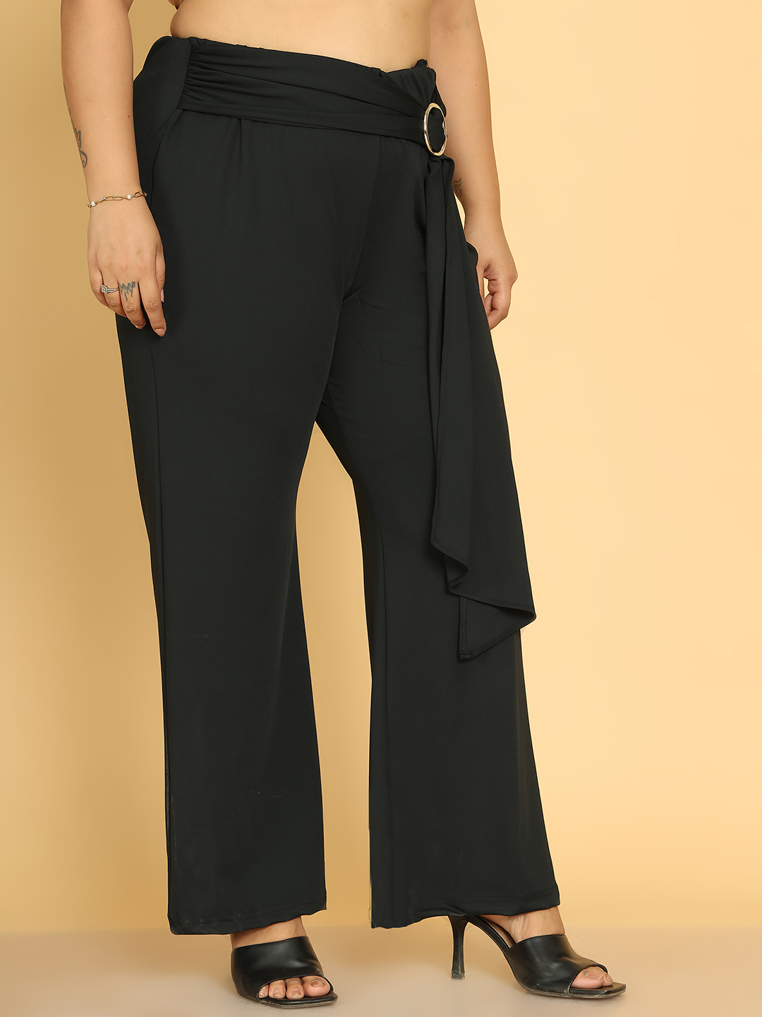 Women's Plus Size Black Solid Color Poly Trouser with waist knot tie-up detail