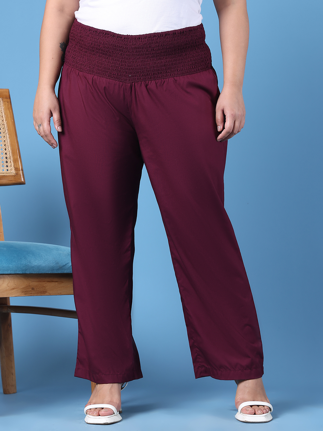 Women's Plus Size Wine Solid Color Woven Straight Fit Trouser