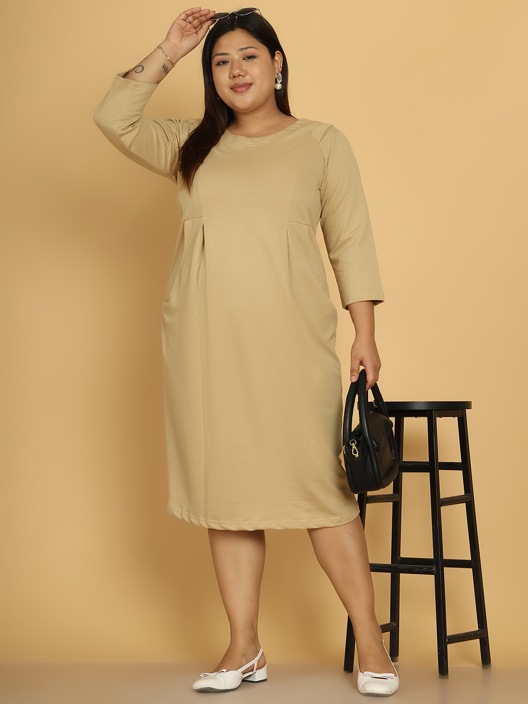 Women's Plus Size Beige solid color cotton knitted sheath dress