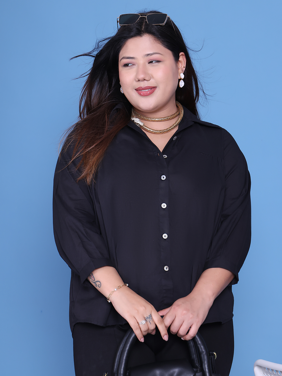 Women's Plus Size Black Solid Color Cotton Shirt