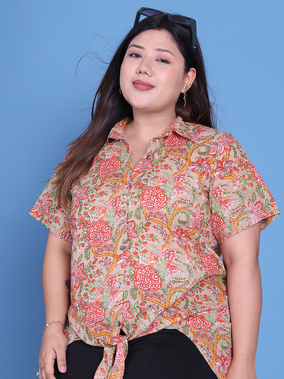 Women's Plus Size Green Floral Printed Cotton Shirt