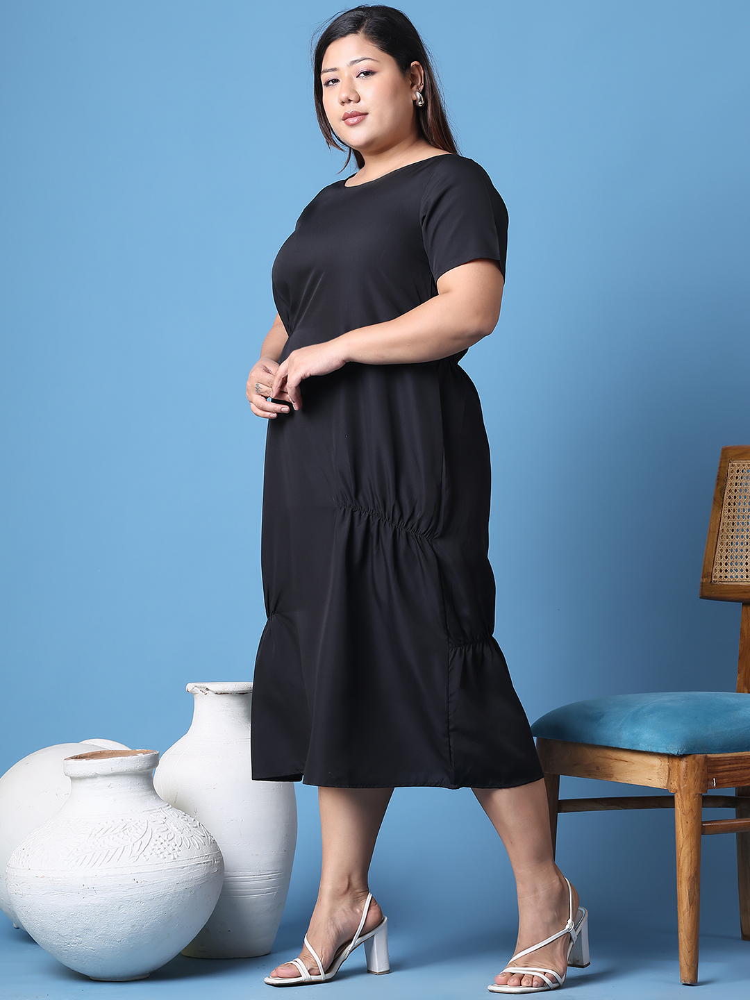 Women's Plus Size Black Solid Color A-Line Crepe Dress
