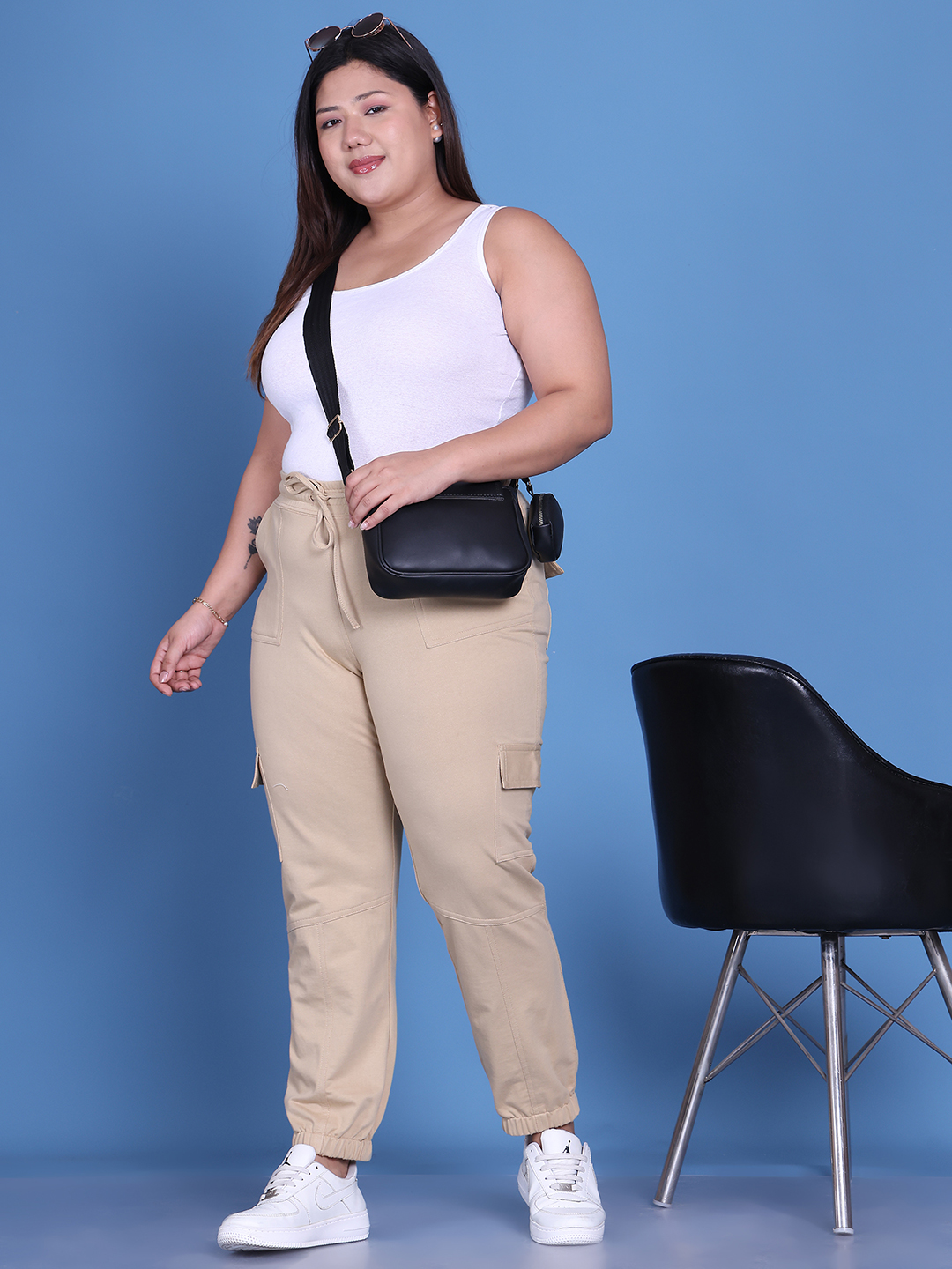 Women's Plus Size Beige Solid Color Knitted Cargo Trouser