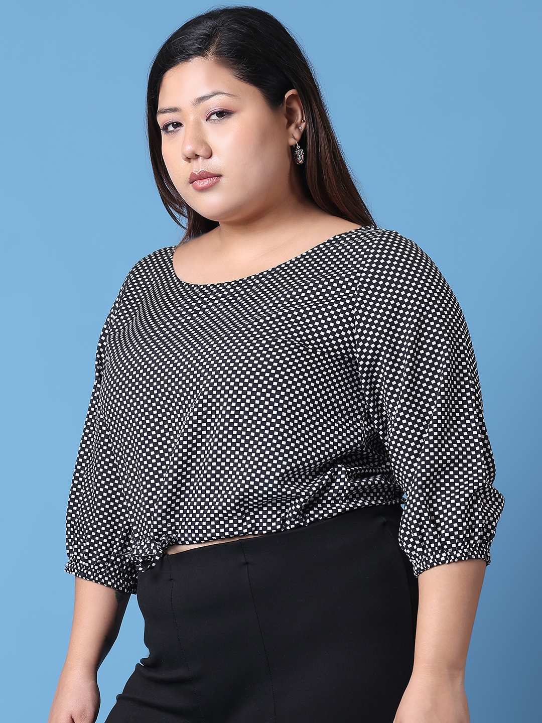 Women's Plus Size Black Geometric Printed Crepe Top