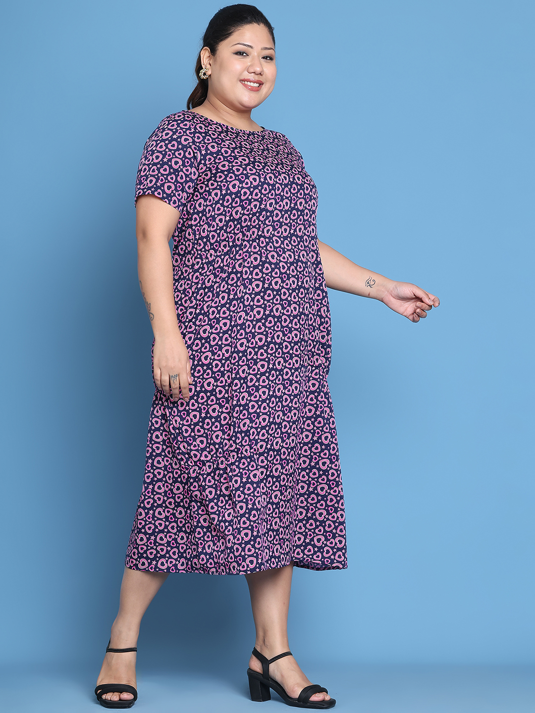 Women's Plus Size Navy Heart Printed A-Line Crepe Dress