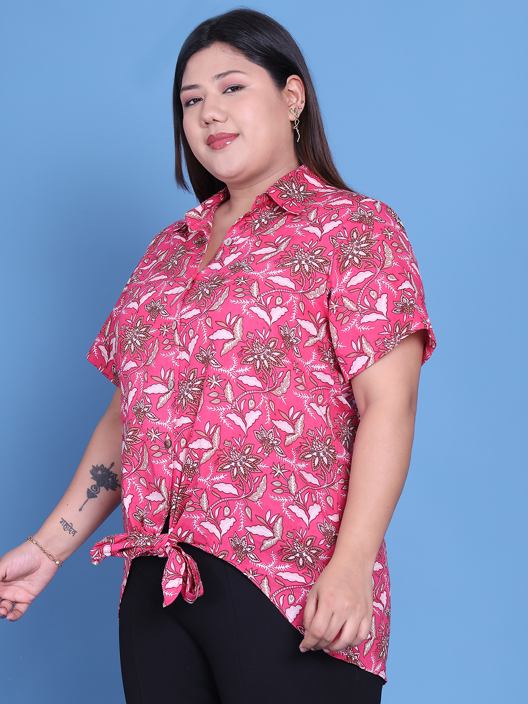 Women's Plus Size Fuchsia Floral Printed Cotton Shirt