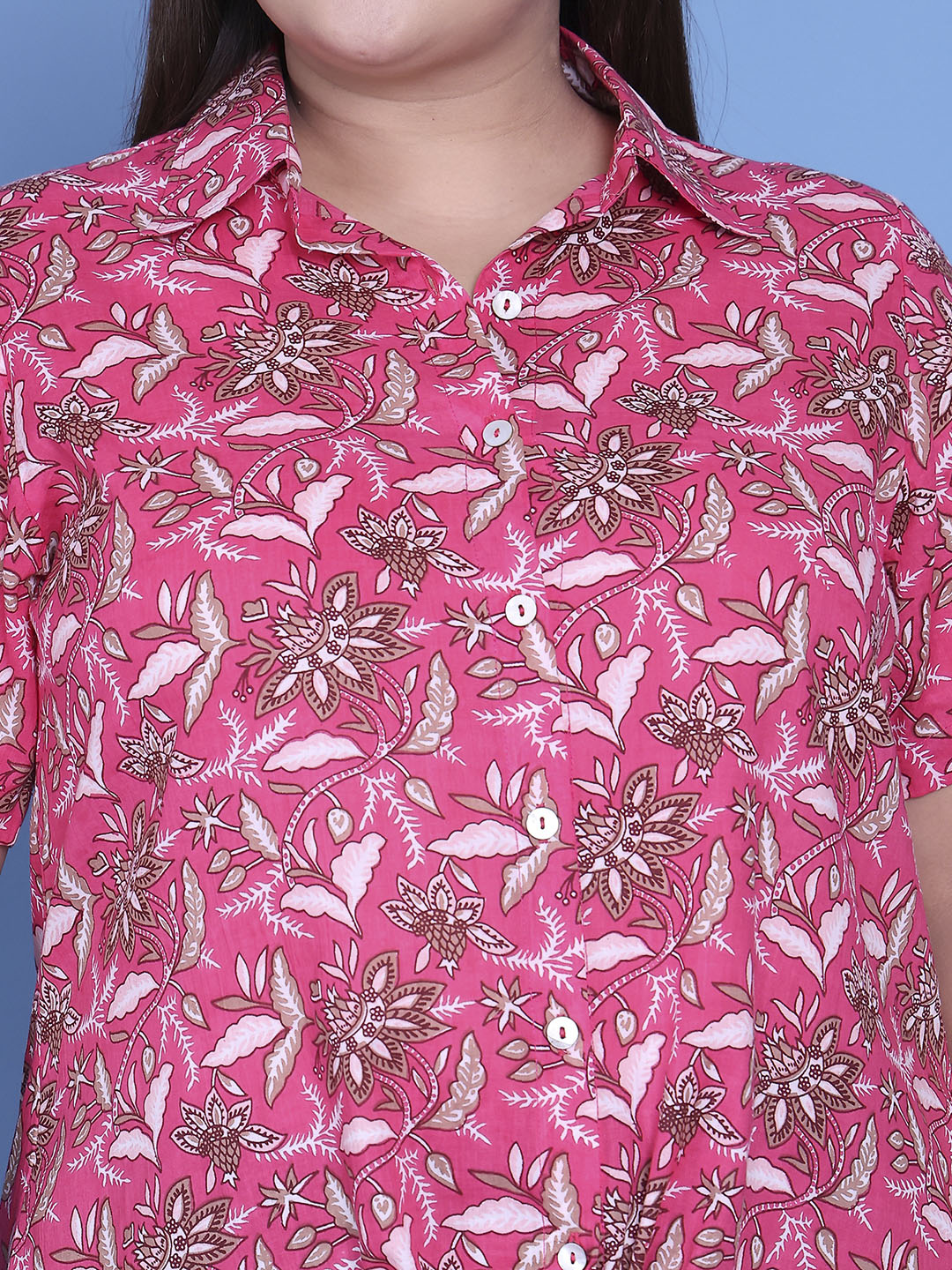 Women's Plus Size Fuchsia Floral Printed Cotton Shirt