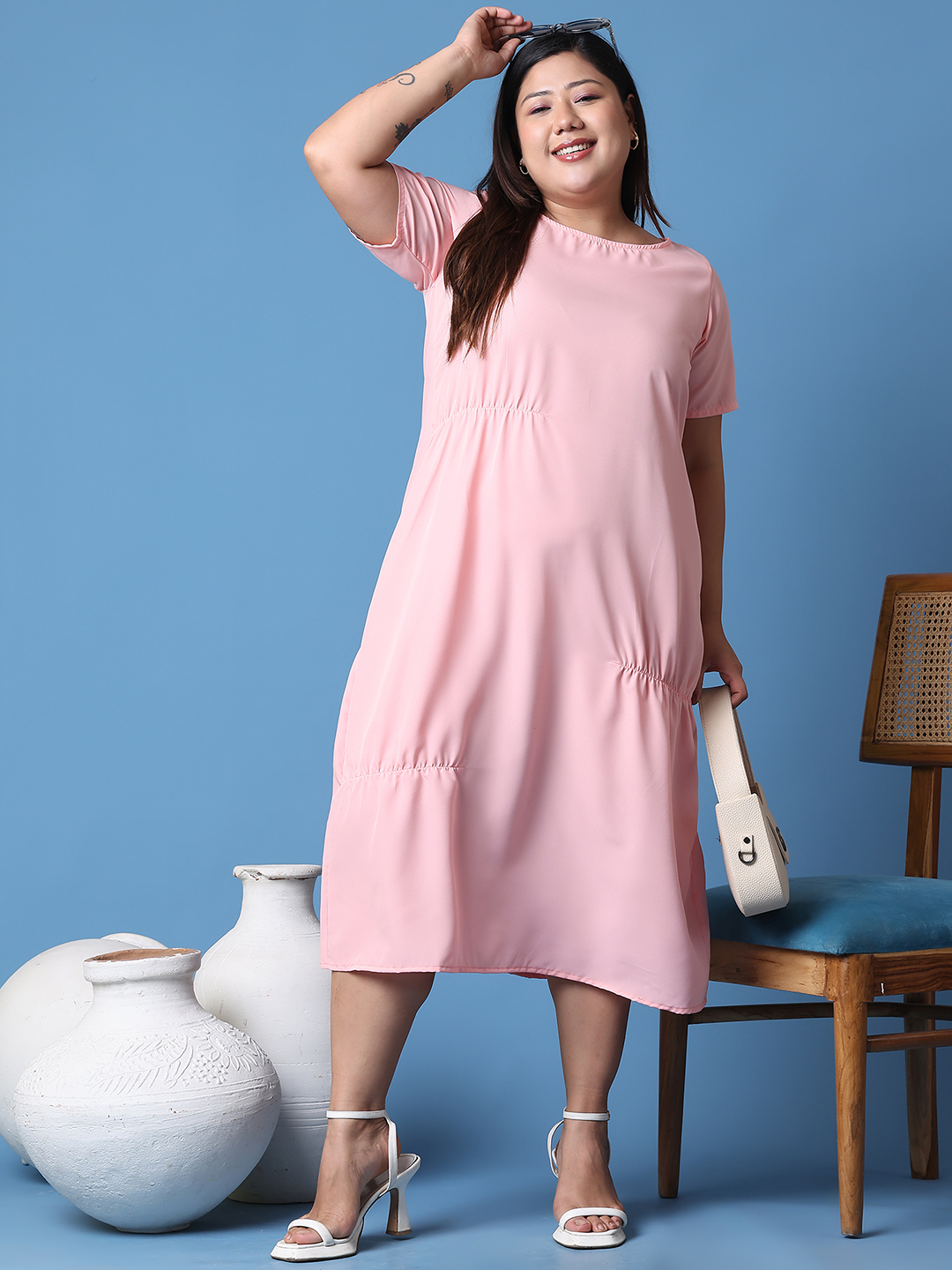 Women's Plus Size Pink Solid Color A-Line Crepe Dress