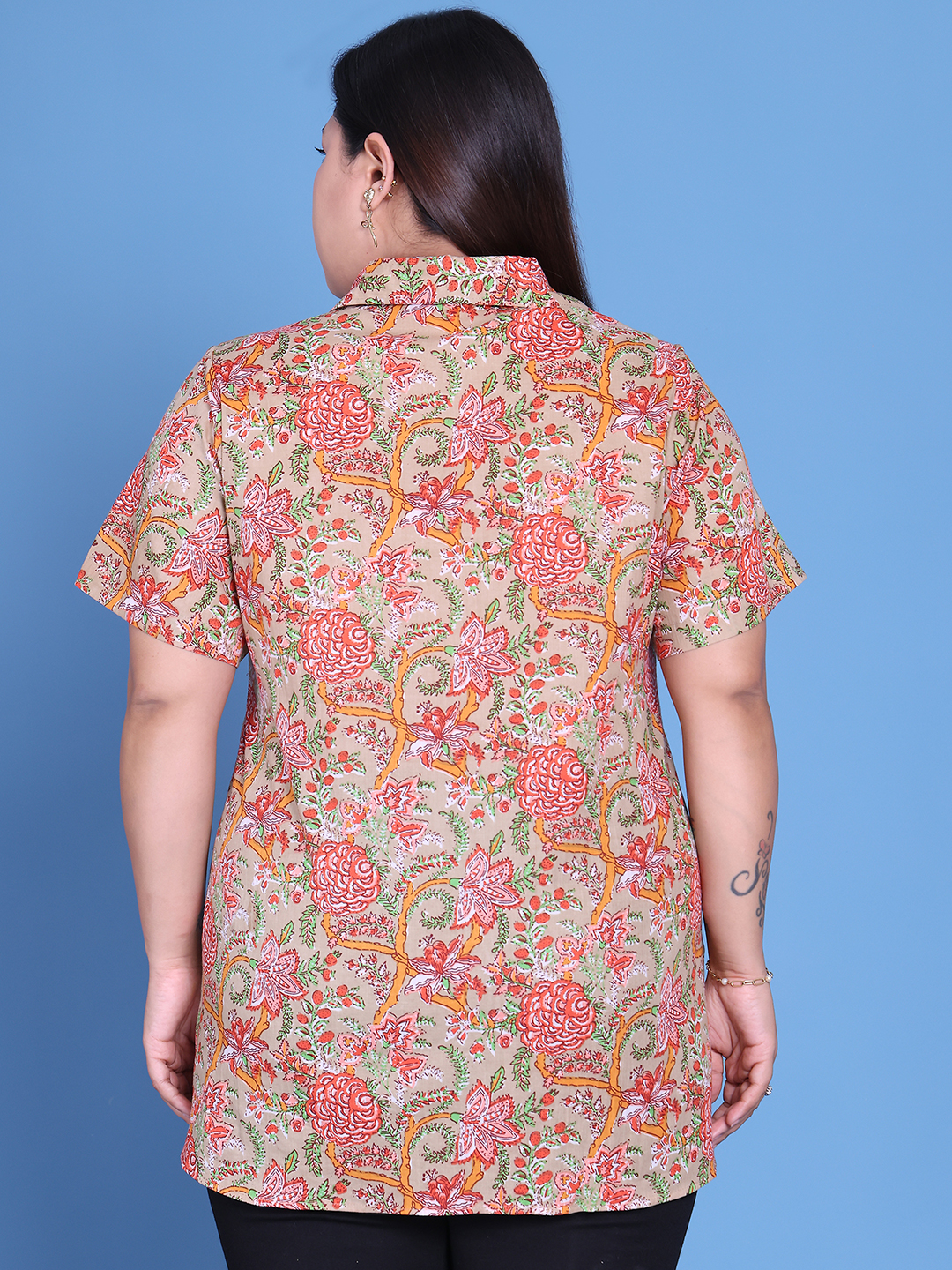 Women's Plus Size Green Floral Printed Cotton Shirt