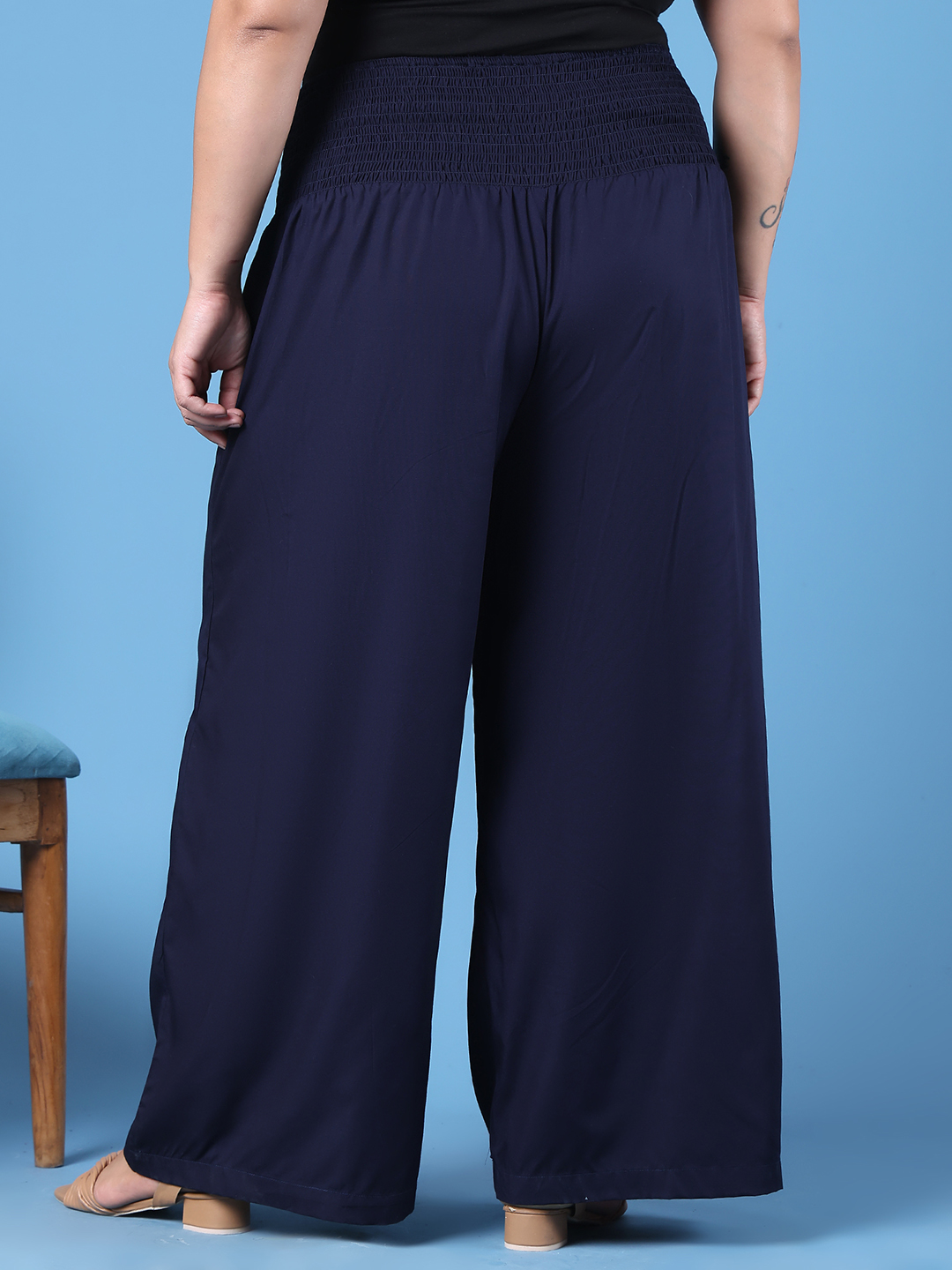 Women's Plus Size Navy Blue Solid Color Woven Wide Leg Flared Trouser
