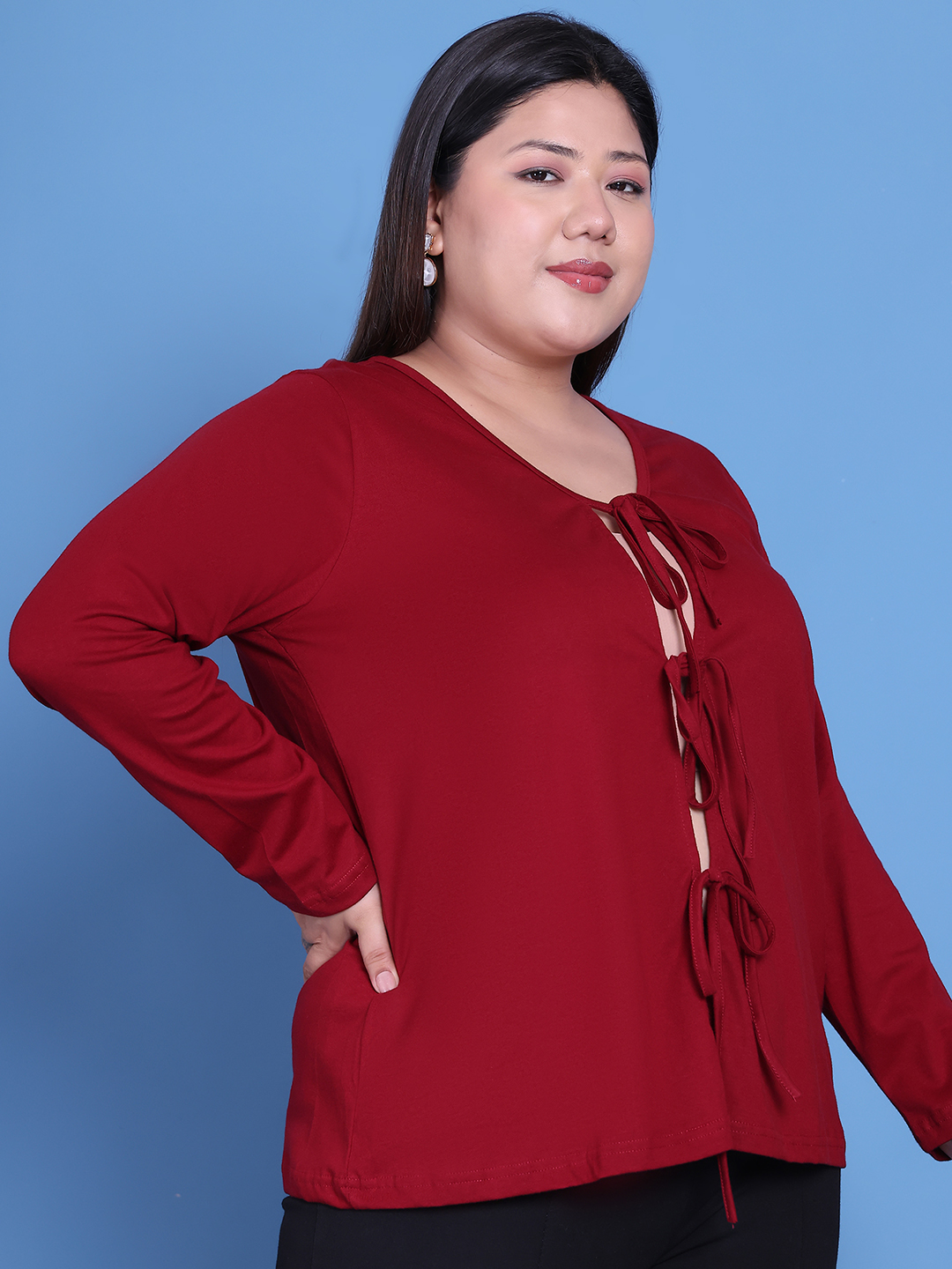 Women's Plus Size Maroon Solid Color Cotton Knitted Shrug