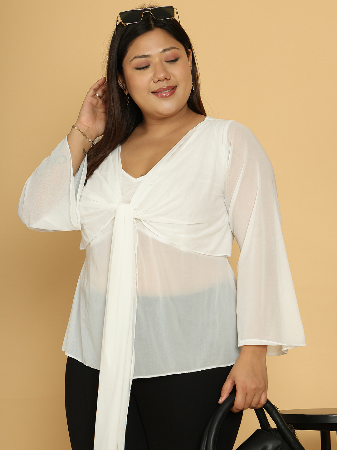 Women's Plus Size White solid color poly knitted Tie-up mesh top